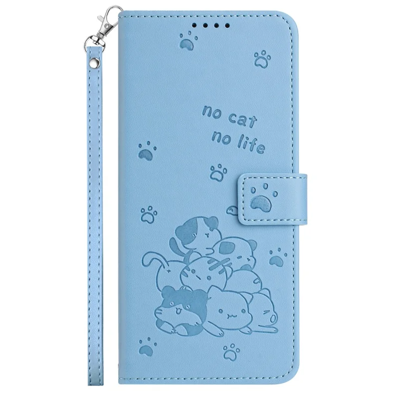 For iPhone 14 Pro Max Case with Strap Cats Imprint Leather Wallet Phone Cover - Blue
