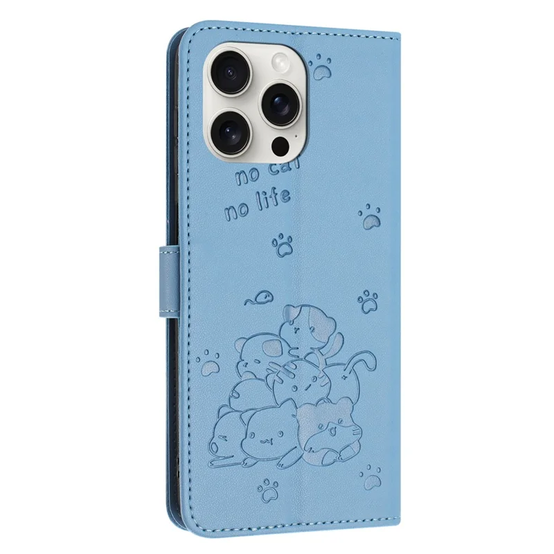 For iPhone 14 Pro Max Case with Strap Cats Imprint Leather Wallet Phone Cover - Blue