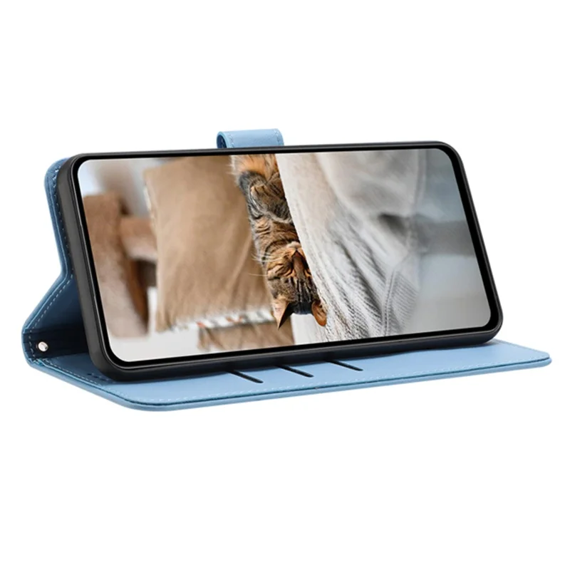 For iPhone 14 Pro Max Case with Strap Cats Imprint Leather Wallet Phone Cover - Blue