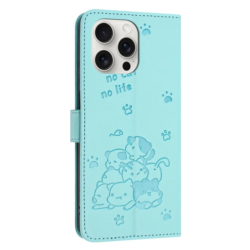 For iPhone 14 Pro Max Case with Strap Cats Imprint Leather Wallet Phone Cover - Green