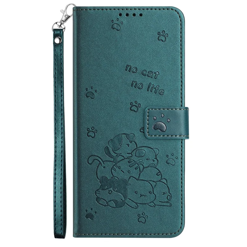 For iPhone 15 Pro Max Case with Strap Cats Imprint Leather Wallet Phone Cover - Blackish Green