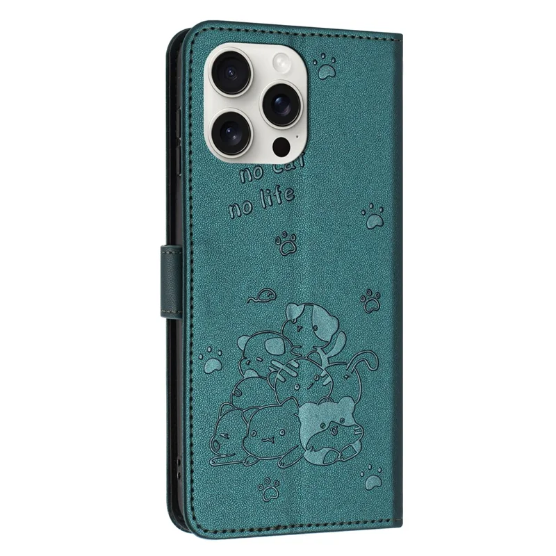 For iPhone 15 Pro Max Case with Strap Cats Imprint Leather Wallet Phone Cover - Blackish Green