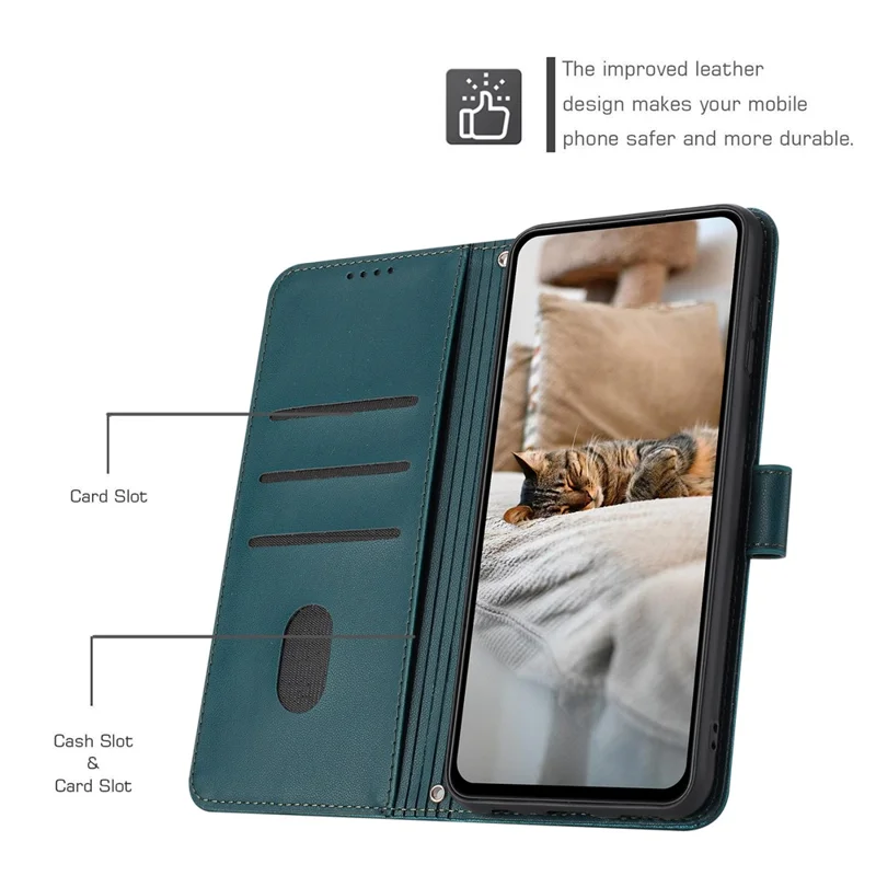 For iPhone 15 Pro Max Case with Strap Cats Imprint Leather Wallet Phone Cover - Blackish Green