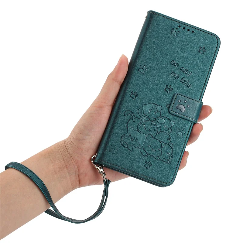 For iPhone 15 Pro Max Case with Strap Cats Imprint Leather Wallet Phone Cover - Blackish Green