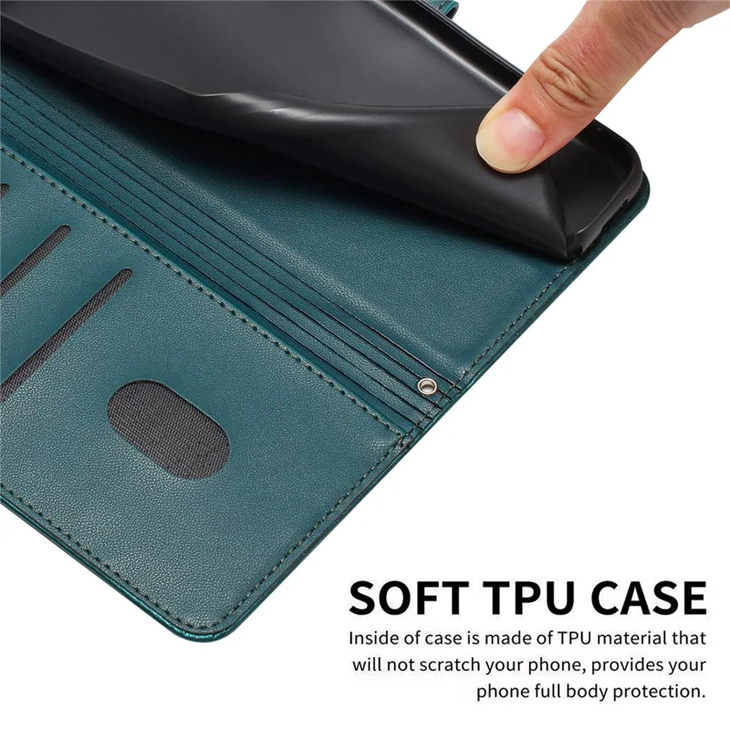 For iPhone 15 Pro Max Case with Strap Cats Imprint Leather Wallet Phone Cover - Blackish Green