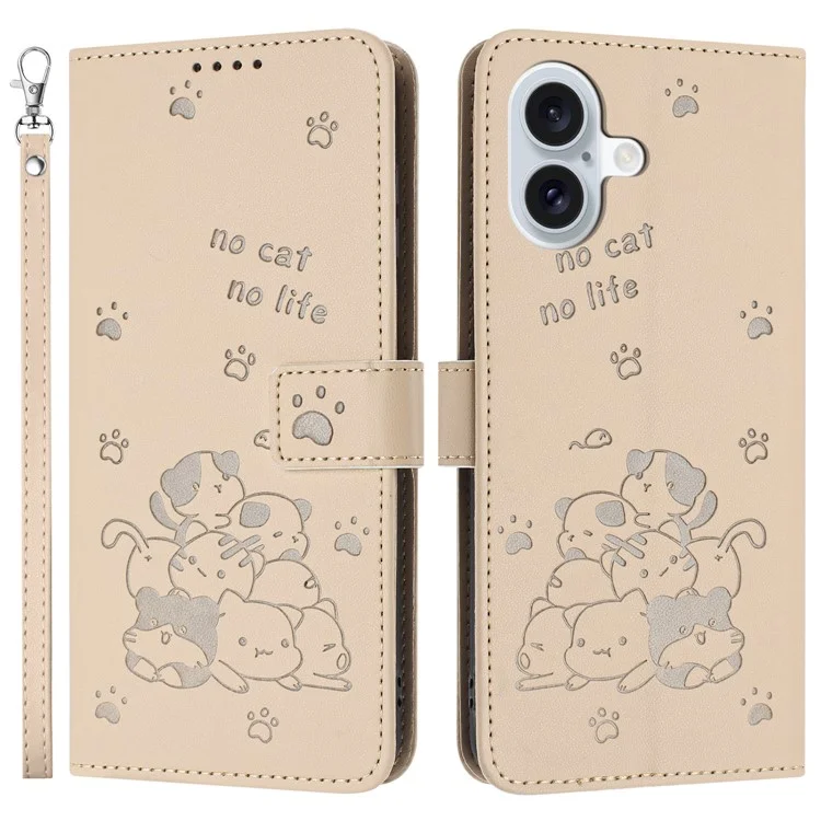 For iPhone 16 Case with Strap Cats Imprint Leather Wallet Phone Cover - Beige