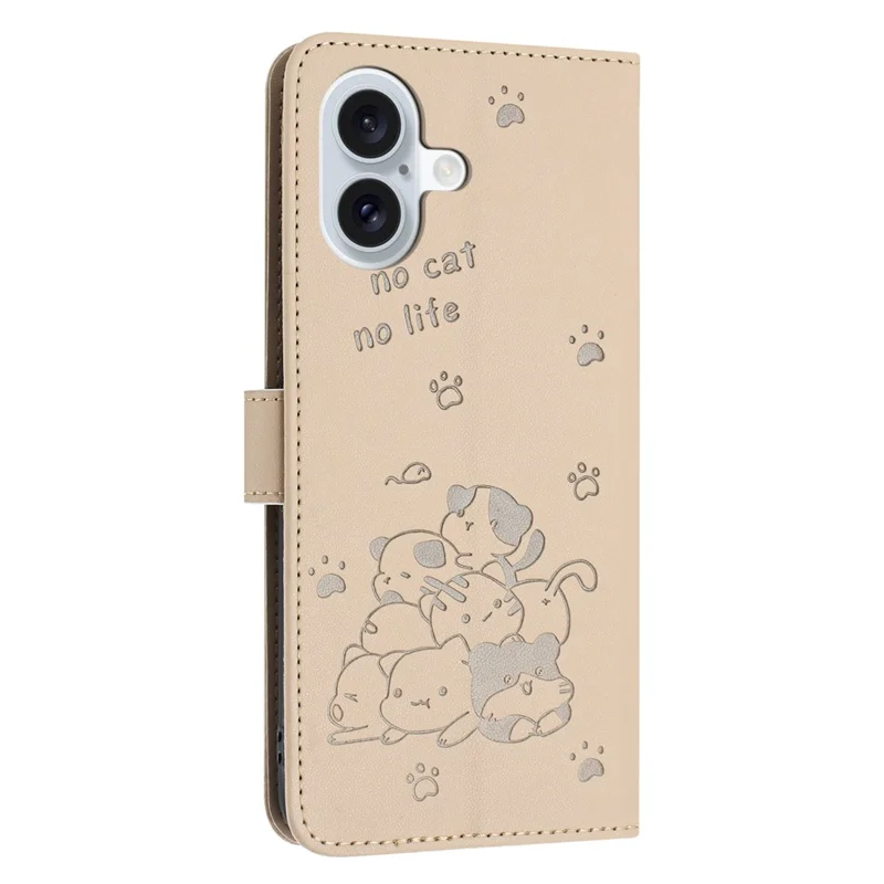 For iPhone 16 Case with Strap Cats Imprint Leather Wallet Phone Cover - Beige