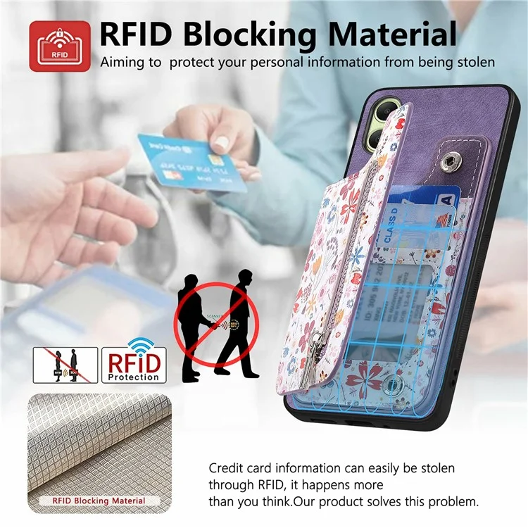 D10 Para Samsung Galaxy A06 Patrón de Estuche de Cuero de Billetera de Patada+tpu Telepubreña Bloqueo RFID RFID - Rosa