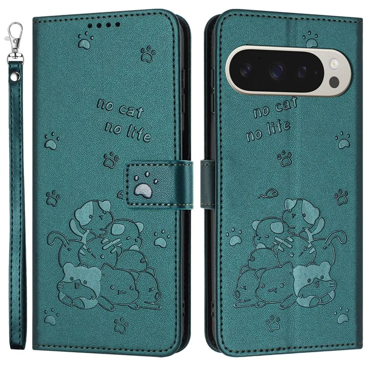 YX-2402 Для Google Pixel 9 Pro XL Case с Ремешками Cats Imprint Leather Wallet Cover Phone - Черный Зеленый