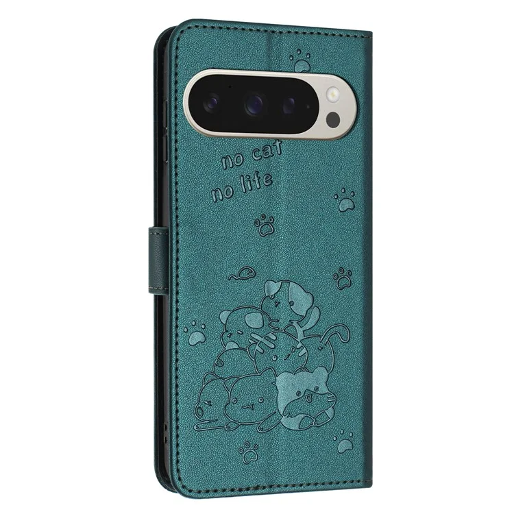 YX-2402 Для Google Pixel 9 Pro XL Case с Ремешками Cats Imprint Leather Wallet Cover Phone - Черный Зеленый