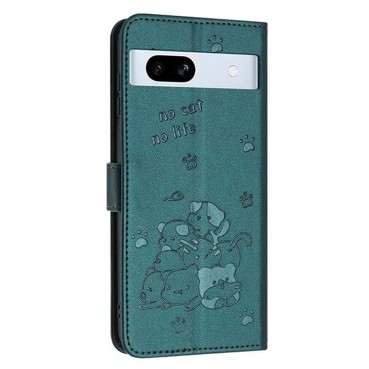 For Google Pixel 7a Case with Strap Cats Imprint Leather Wallet Phone Cover - Blackish Green