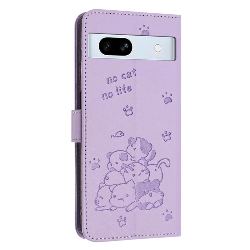 For Google Pixel 7a Case with Strap Cats Imprint Leather Wallet Phone Cover - Purple