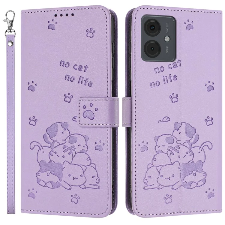 YX-2402 Para Motorola Moto G64 5G / G54 Power 5G / G54 5G / Caixa G14 4G Com Tampa da Carteira de Couro Com Gatos Com Cinta Tampa da Carteira de Couro - Roxo
