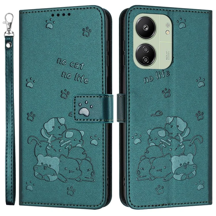 YX-2402 Pour Xiaomi Poco M6 5G / Redmi 13R 5G / 13C 5G / 13C 4G / Étui Poco C65 4G Avec Strap Catt - Vert Noirâtre