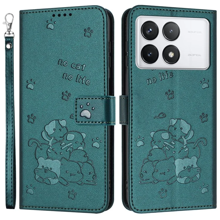 YX-2402 Per Xiaomi Poco X6 Pro 5G / Redmi K70E 5G Case Con Gatti Cingoli Impronta Portafoglio in Pelle Copertina Telefonica - Verde Nerastro