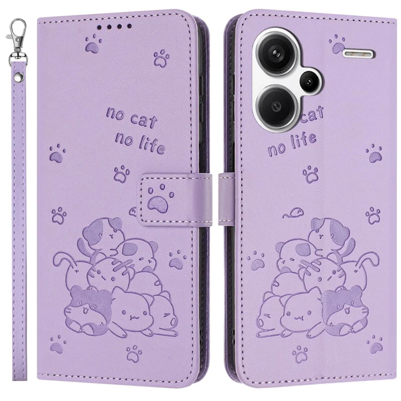 Para Xiaomi Redmi Note 13 Pro+ 5G Case Con Strap Cats Impresión de la Billetera de Cuero Cover - Púrpura