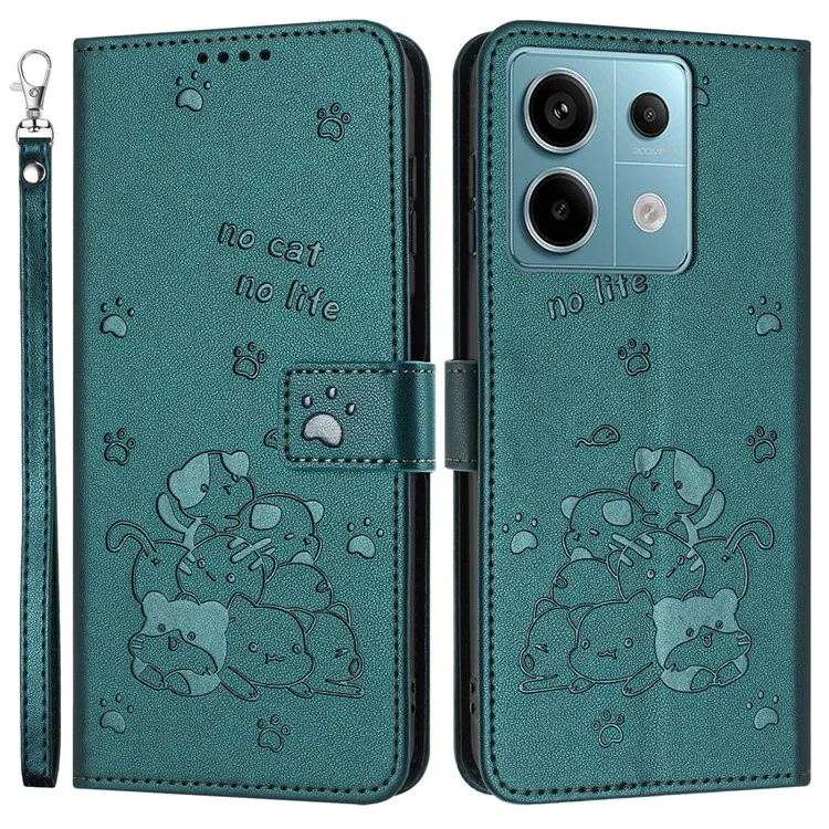 For Xiaomi Redmi Note 13 5G / Note 13 5G (China) Case with Strap Cats Imprint Leather Wallet Phone Cover - Blackish Green