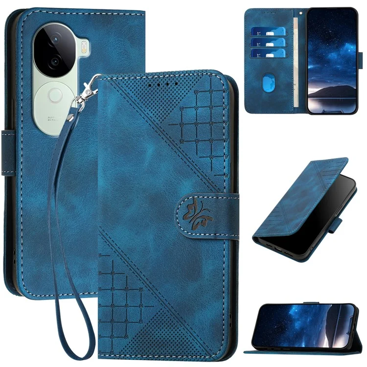 YX0080 Para Vivo V40e 5G / Iqoo Z9s 5G Case Mariposa Impresión de la Billetera de Cuero Cubierta de Teléfono - Zafiro