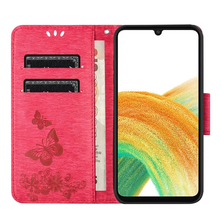 For Samsung Galaxy A16 5G / A16 4G Case Butterflies Flower Leather Wallet Flip Phone Cover - Red