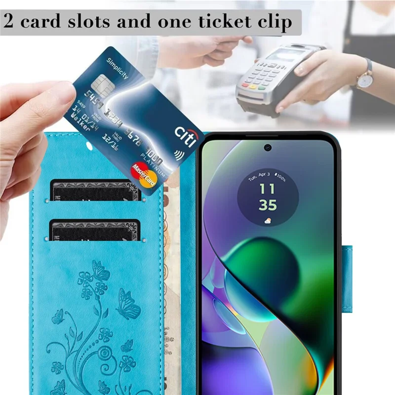 For Motorola Moto G55 5G Case Imprinted Mini Butterfly Leather Wallet Phone Cover - Blue