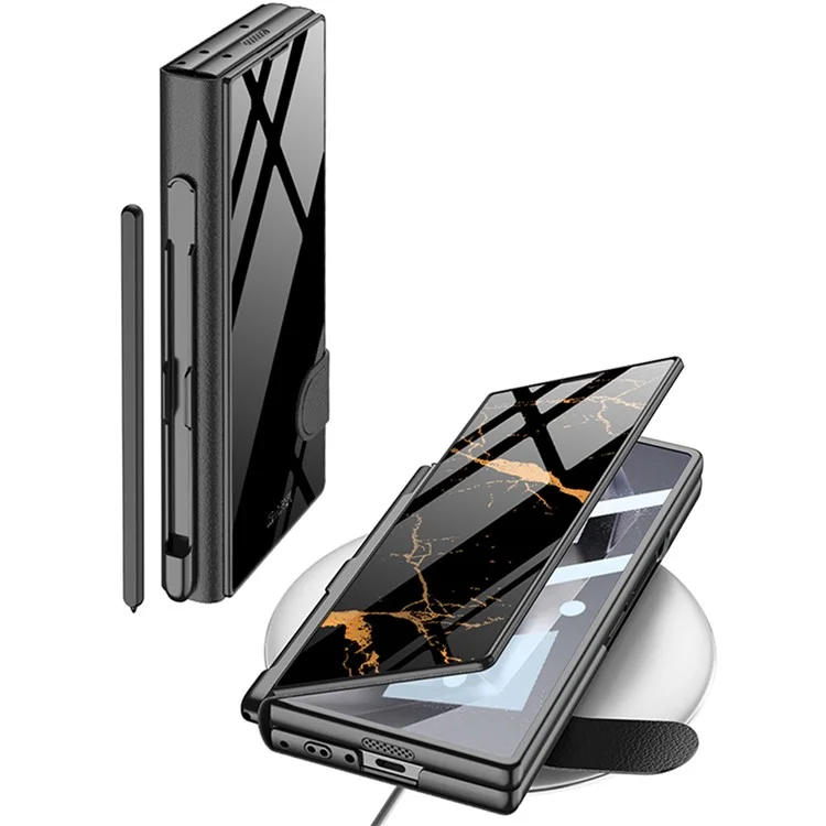 GKK Para Samsung Galaxy Z Fold6 Case 5G Ranura de Lápiz Incorporada pc Dura+pu Pulo Conviedad Con Parte - Negro