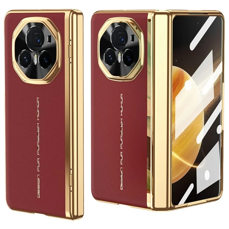 Pour Honor Magic V3 5G Case PU Leather + pc Couvercle de Téléphone Électroplastique Avec Film D'écran en Verre Trempé - Rouge