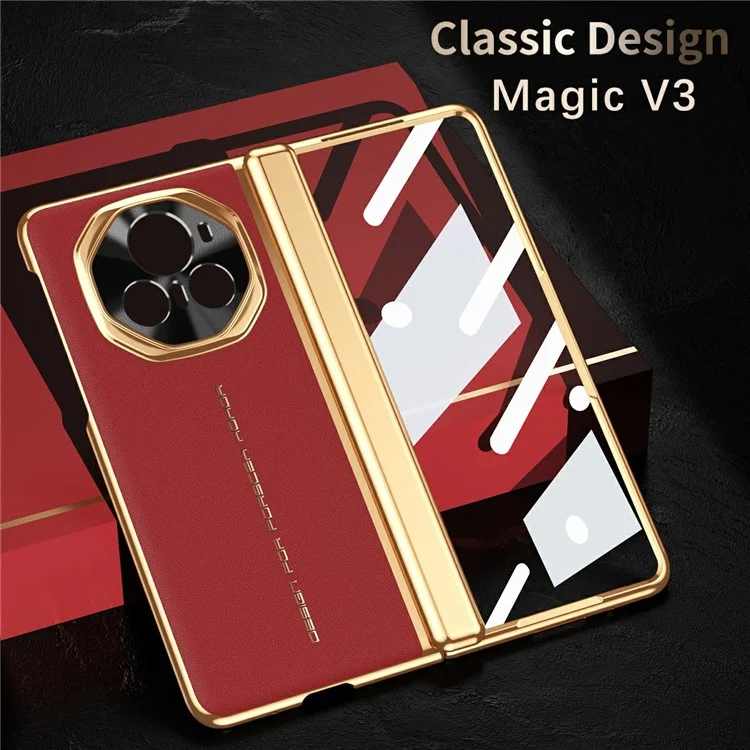Pour Honor Magic V3 5G Case PU Leather + pc Couvercle de Téléphone Électroplastique Avec Film D'écran en Verre Trempé - Rouge