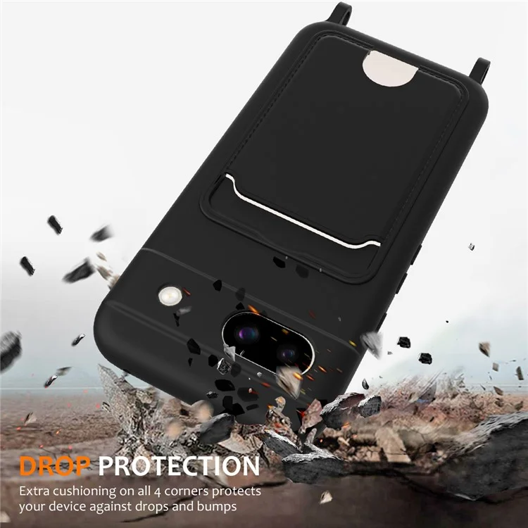 Pour Google Pixel 8a Case de Cartes de Cartes en Silicone Liquide Couverture de Téléphone Avec Lanière - Noir