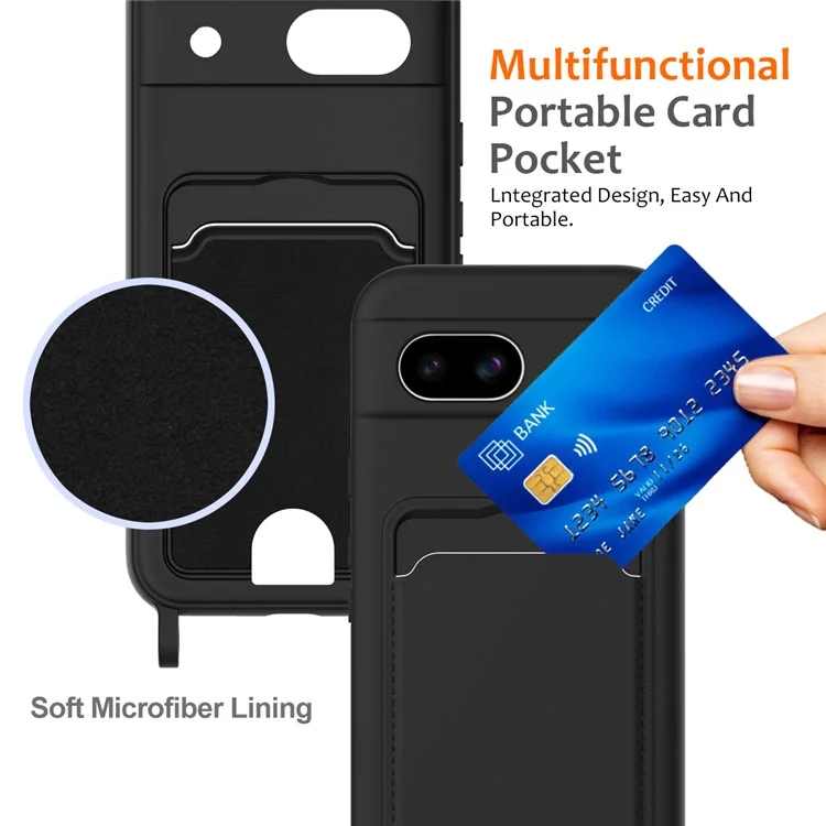 Pour Google Pixel 8a Case de Cartes de Cartes en Silicone Liquide Couverture de Téléphone Avec Lanière - Noir