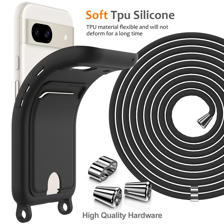 Pour Google Pixel 8a Case de Cartes de Cartes en Silicone Liquide Couverture de Téléphone Avec Lanière - Noir