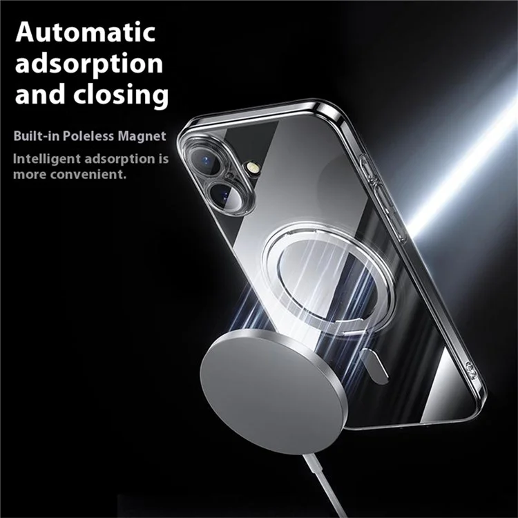 For iPhone 16 Plus Case Compatible with MagSafe Kickstand PC+TPU Phone Cover with Lens Film - Silver