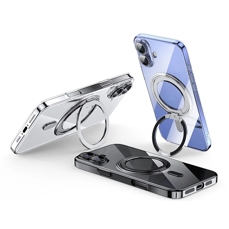 For iPhone 16 Plus Case Compatible with MagSafe Kickstand PC+TPU Phone Cover with Lens Film - Silver
