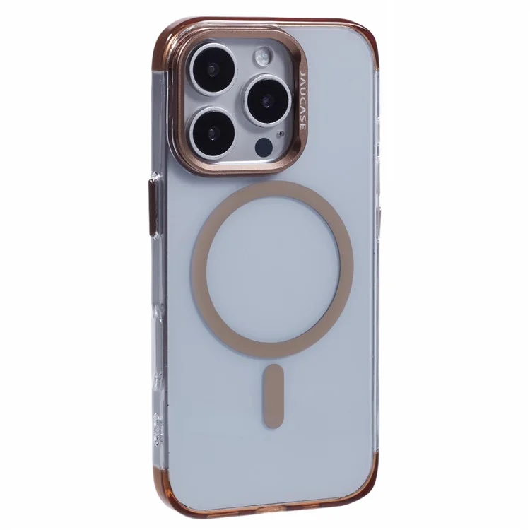 JAUCASE For iPhone 16 Pro Clear Case Compatible with MagSafe Lens Frame Kickstand PC+TPU Phone Cover - Gold