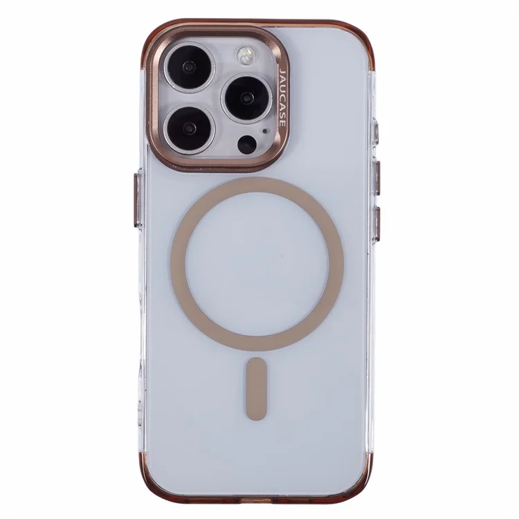 JAUCASE For iPhone 16 Pro Clear Case Compatible with MagSafe Lens Frame Kickstand PC+TPU Phone Cover - Gold
