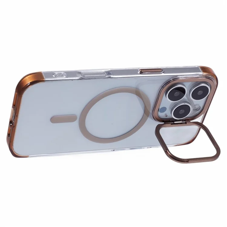 JAUCASE For iPhone 16 Pro Clear Case Compatible with MagSafe Lens Frame Kickstand PC+TPU Phone Cover - Gold
