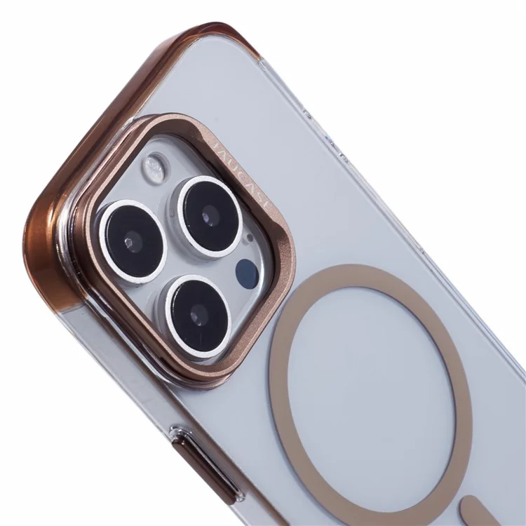 JAUCASE For iPhone 16 Pro Clear Case Compatible with MagSafe Lens Frame Kickstand PC+TPU Phone Cover - Gold