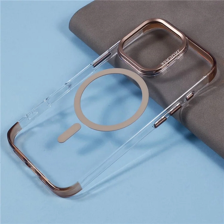JAUCASE For iPhone 16 Pro Clear Case Compatible with MagSafe Lens Frame Kickstand PC+TPU Phone Cover - Gold