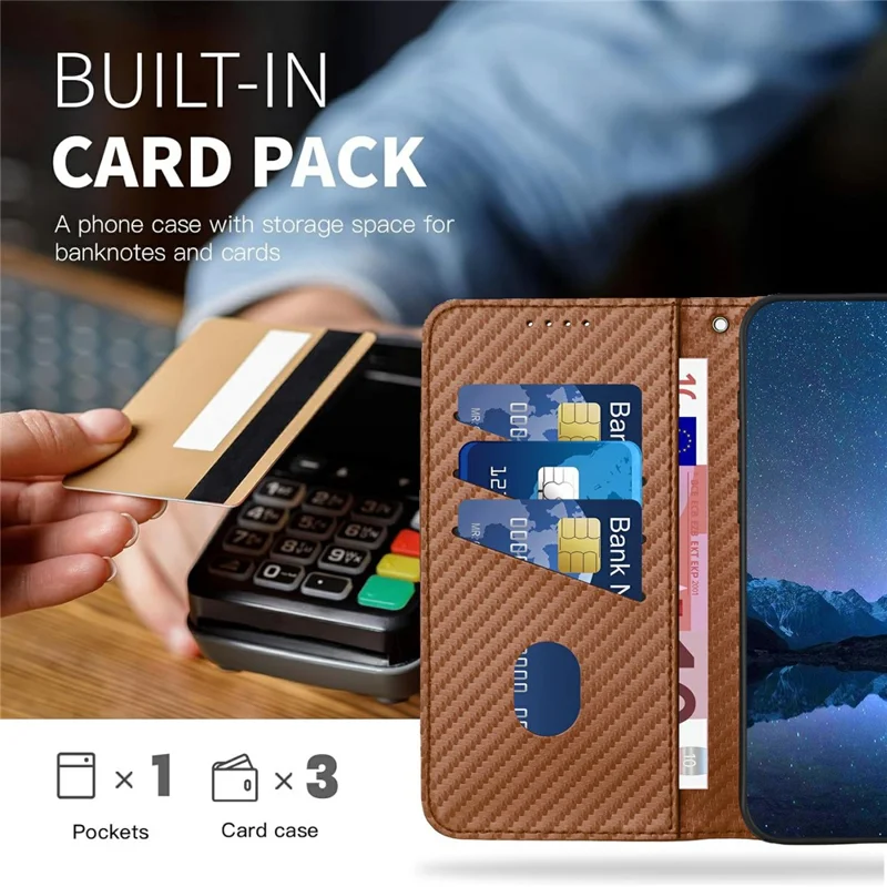 YX0070 For Infinix Hot 50 4G Wallet Case Carbon Fiber Texture Leather Cell Accessories Phone Cover - Coffee
