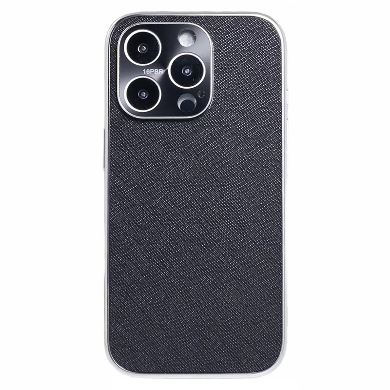 For iPhone 16 Pro Cover Cross Texture PU Leather Coated TPU Cell Phone Case - Black