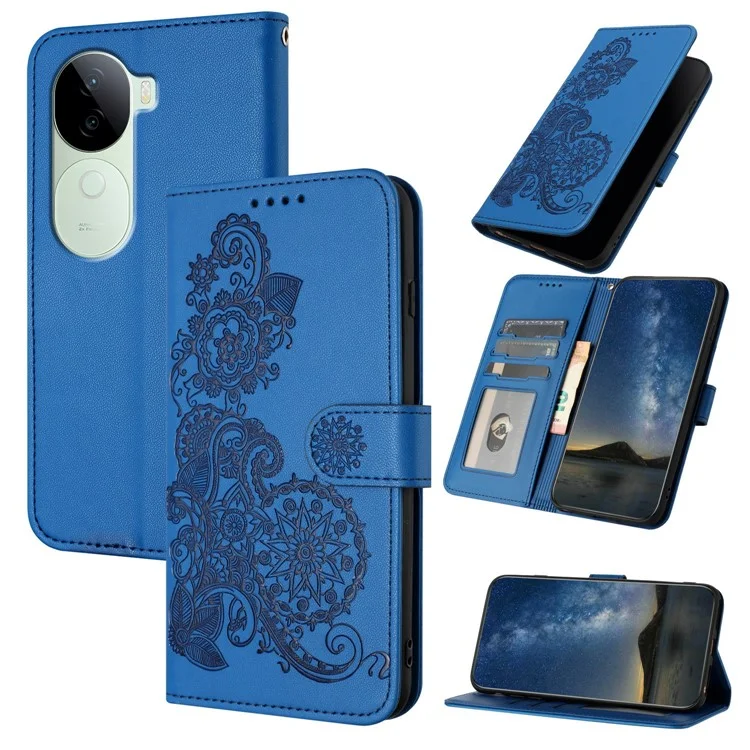 For vivo V40e 5G / iQOO Z9s 5G Phone Cases Mandala Flower Leather Wallet Mobile Cover with Strap - Sapphire