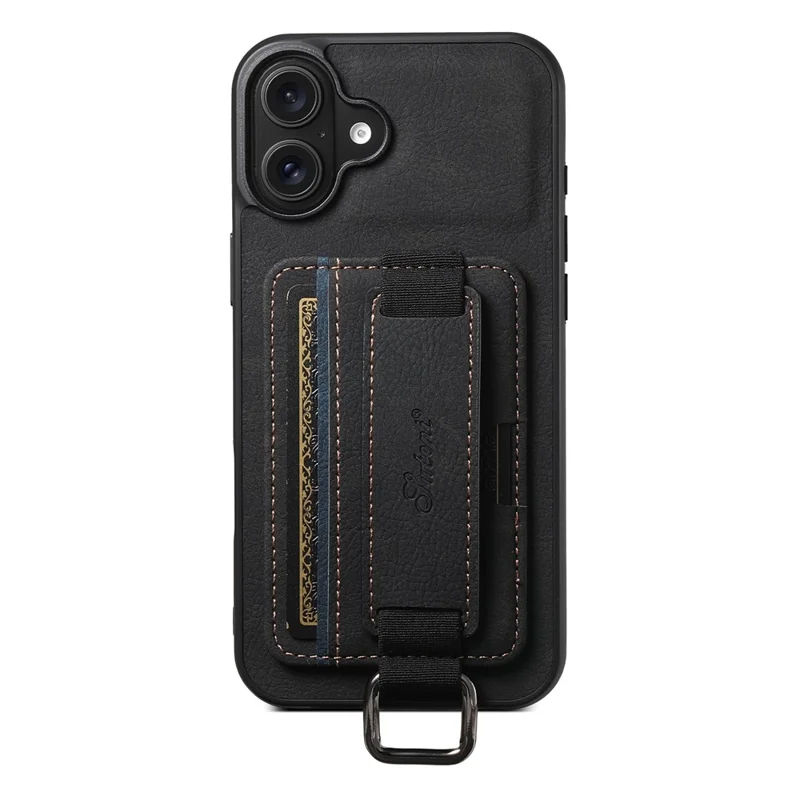 SUTENI H13 For iPhone 16 Plus Case Litchi Texture Leather+TPU+PC Cover with Card Holder Kickstand - Black
