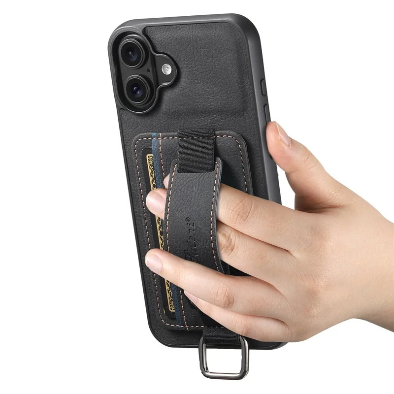 SUTENI H13 For iPhone 16 Plus Case Litchi Texture Leather+TPU+PC Cover with Card Holder Kickstand - Black