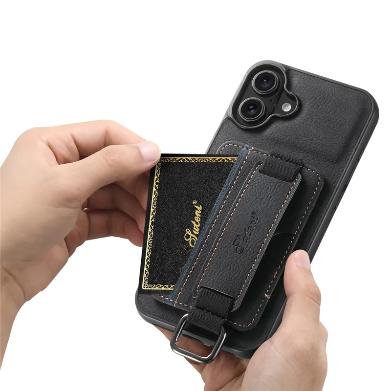 SUTENI H13 For iPhone 16 Plus Case Litchi Texture Leather+TPU+PC Cover with Card Holder Kickstand - Black