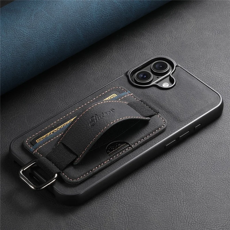 SUTENI H13 For iPhone 16 Plus Case Litchi Texture Leather+TPU+PC Cover with Card Holder Kickstand - Black