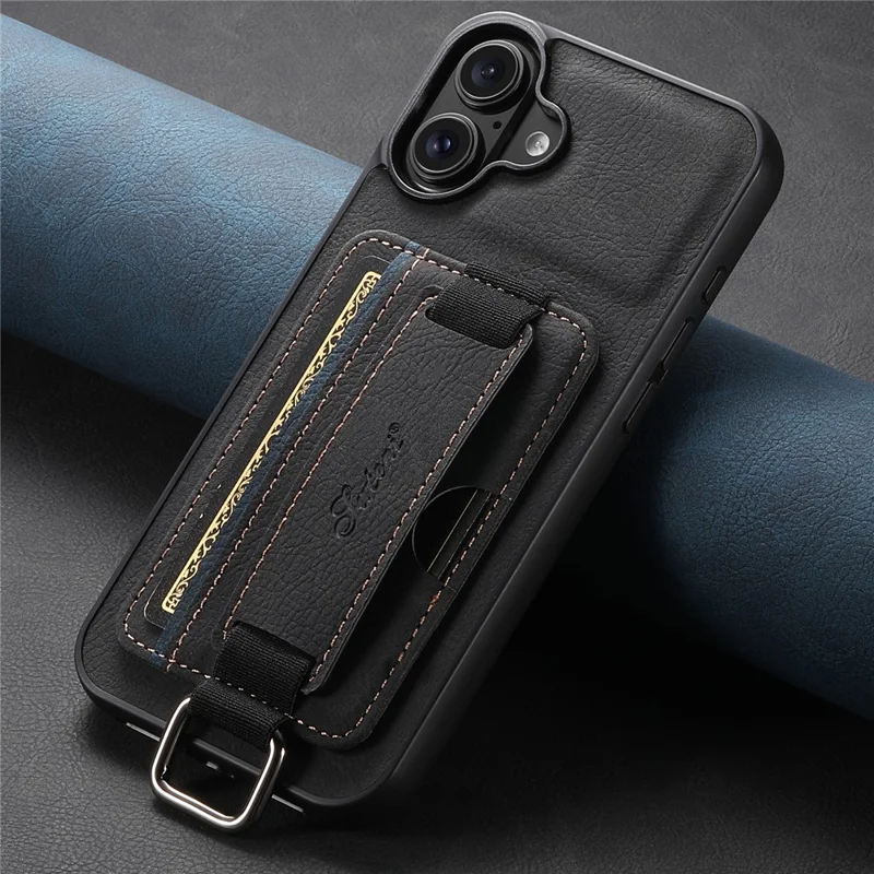 SUTENI H13 For iPhone 16 Plus Case Litchi Texture Leather+TPU+PC Cover with Card Holder Kickstand - Black