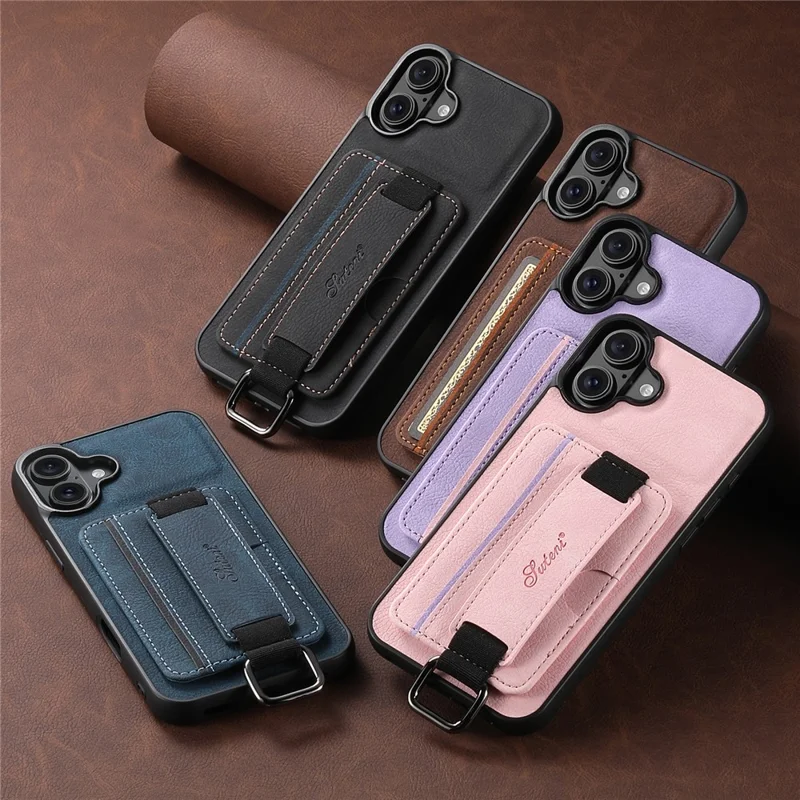 SUTENI H13 For iPhone 16 Plus Case Litchi Texture Leather+TPU+PC Cover with Card Holder Kickstand - Black