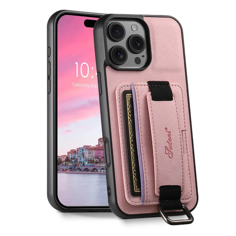 Suteni H13 Para Iphone 16 Pro Max Case Litchi Texture Leather+TPU+PC Cubierta Con Soporte de Tarjetas Kickstand - Rosa