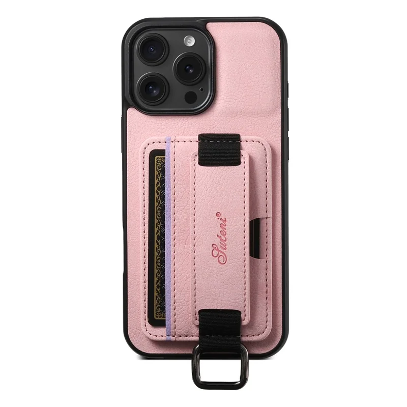 Suteni H13 Para Iphone 16 Pro Max Case Litchi Texture Leather+TPU+PC Cubierta Con Soporte de Tarjetas Kickstand - Rosa