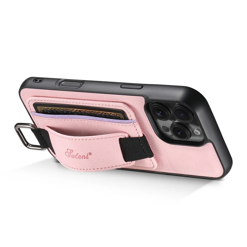 Suteni H13 Para Iphone 16 Pro Max Case Litchi Texture Leather+TPU+PC Cubierta Con Soporte de Tarjetas Kickstand - Rosa