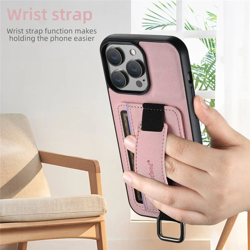 Suteni H13 Para Iphone 16 Pro Max Case Litchi Texture Leather+TPU+PC Cubierta Con Soporte de Tarjetas Kickstand - Rosa